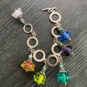 Multi-Color Glass Bead Link Bracelet signed 925